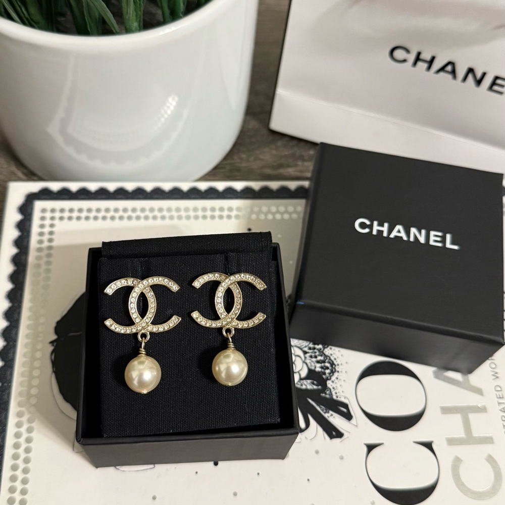 Chanel Gold Crystal CC Faux Pearl Dangle Earrings